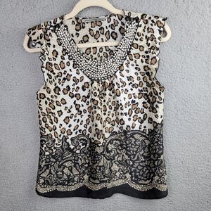 Signature by Larry Levine Blouse Womens PS Cream Brown Animal Print Beaded Neck